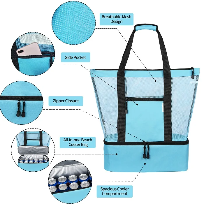 Large Capacity Women Mesh Beach Tote Bag with Cooler Insulated Dry and wet separation  Pool Tote Bags for Promotion