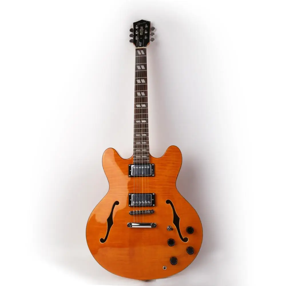 Good quality orange color double f hole maple jazz hollow body flame maple electric guitar