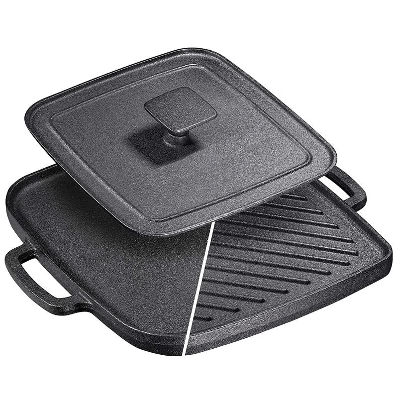 Professional manufacturer cast iron cookware set non stick BBQ grill pan with meat press