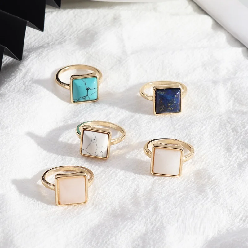 1.2cm Square White Green Turquoise Rose Pink Quartz Stone Rings Fashion Inner Dia 1.7cm  Pendientes Finger Rings Jewelry for Wom