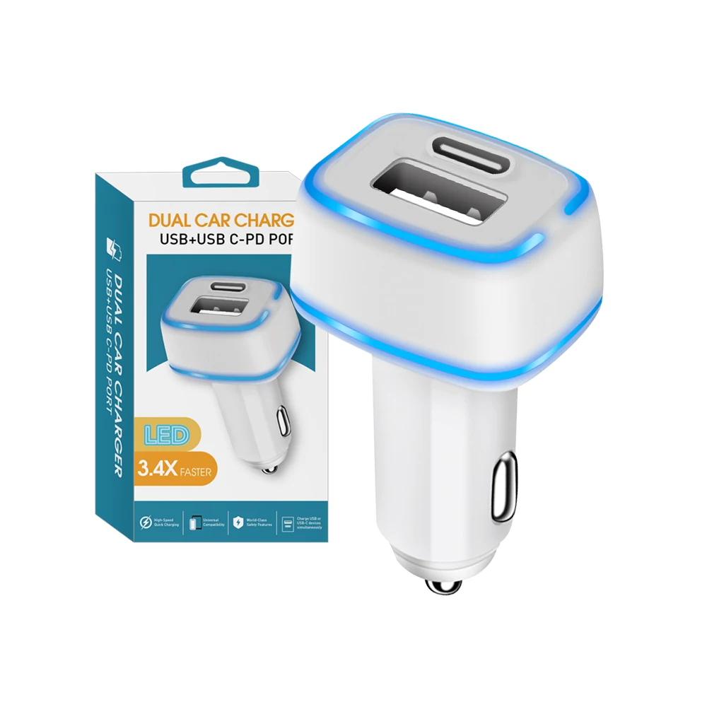 Dual Usb Car Charger Adapter with Led USB C Car Charger Type C Car Charger for iPhone 12