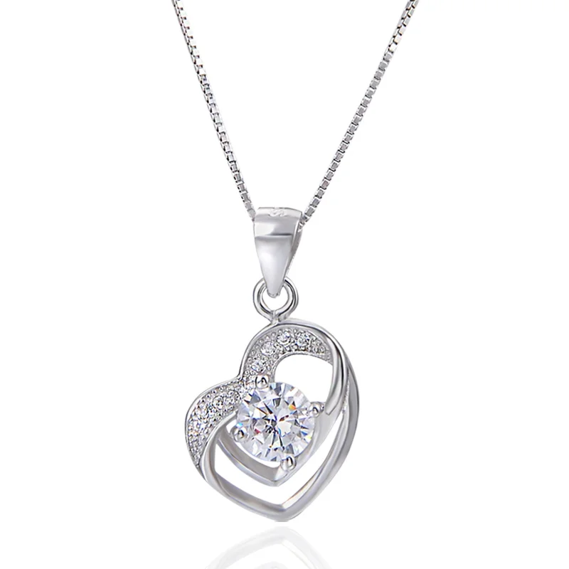 S925 Sterling Silver Double Heart Necklace With Zirconia Simple Women Fashion Love Heart Pendant Jewelry Wholesale