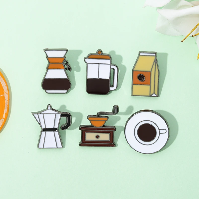 Coffee Shop Tools Enamel Pin Brooch Badge Metal Bean Bottle Cup Grinder Jewelry Friends Lapel Clothes Hat Bag Gift