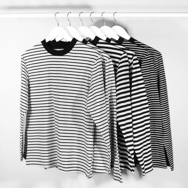 MT2348  Custom 95% Cotton+5% Spandex Elastic Unisex Long Sleeve T Shirt Mens Stripe T Shirts Couple Clothes