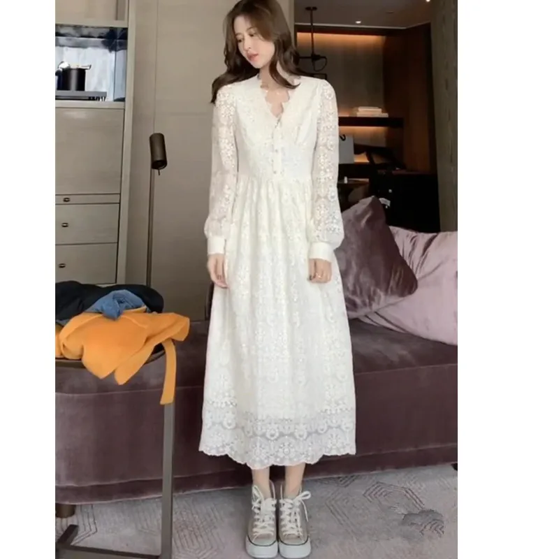 2021 Wholesale new Fashion dress women Autumn and winter gentle style fairy dress add velvet add thick lace elegant long dress