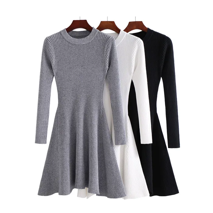 women winter round neck knitted sweater dress clothing long sleeve ribbed knit ladies one piece
