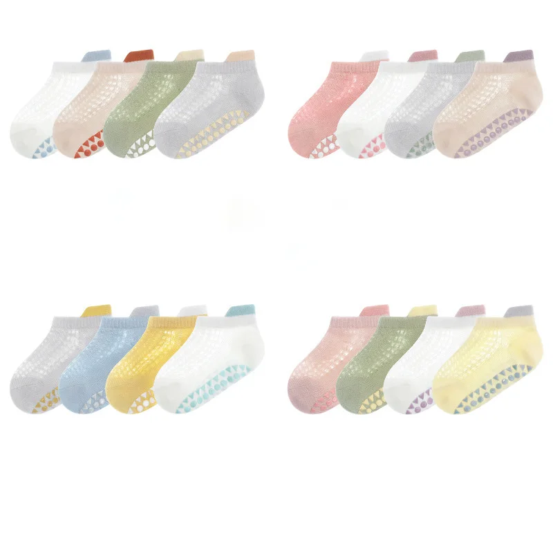 Cotton anti slip baby trampoline socks baby and toddler floor socks 4-pair set of glue mesh boat socks