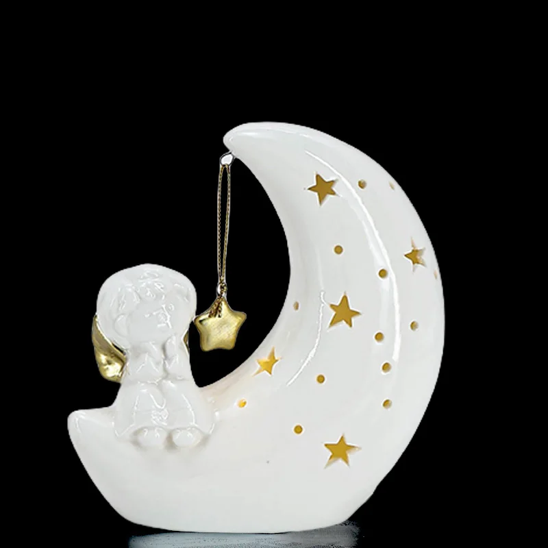 Christmas Custom Small White Ceramic Angel With LED Light Christmas Ceramic  Home Decoration
