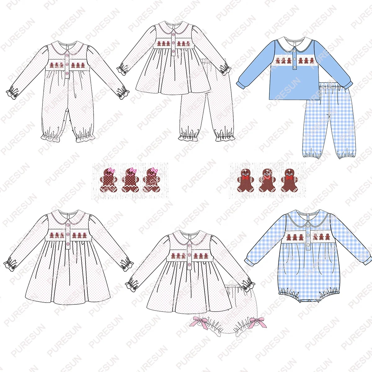 Puresun smocked kids clothing christmas gingerbread smocked children wear fall winter baby girl boutique outfits for custom