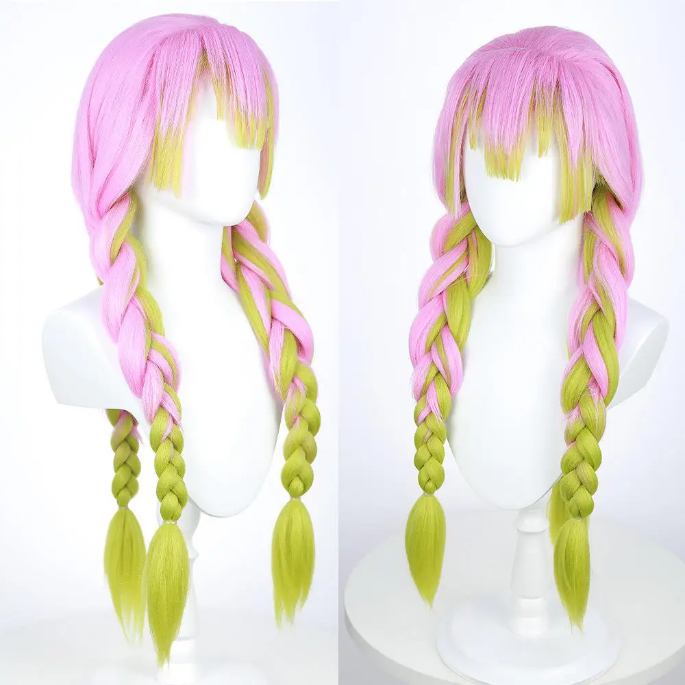 Wholesale Demon Slayer Kanroji Mitsuri Wig Cosplay Long Pink Green Mixed Synthetic Anime Hair Wig With Braids