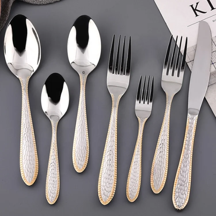 Dishwasher Safe Stainless Steel Flatware Silverware Knife Fork Spoon Handle With Gold Edge Cutlery With Individual Packing