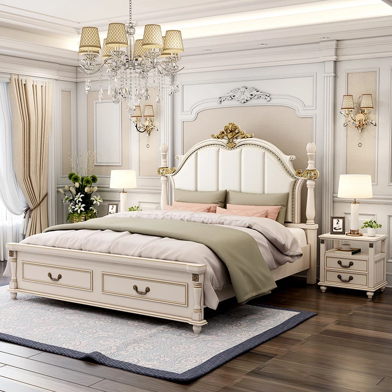 American Style Light Luxury Double Bed Master Bedroom European Style 1.5 M Storage Queen Bed Solid Wood Furniture