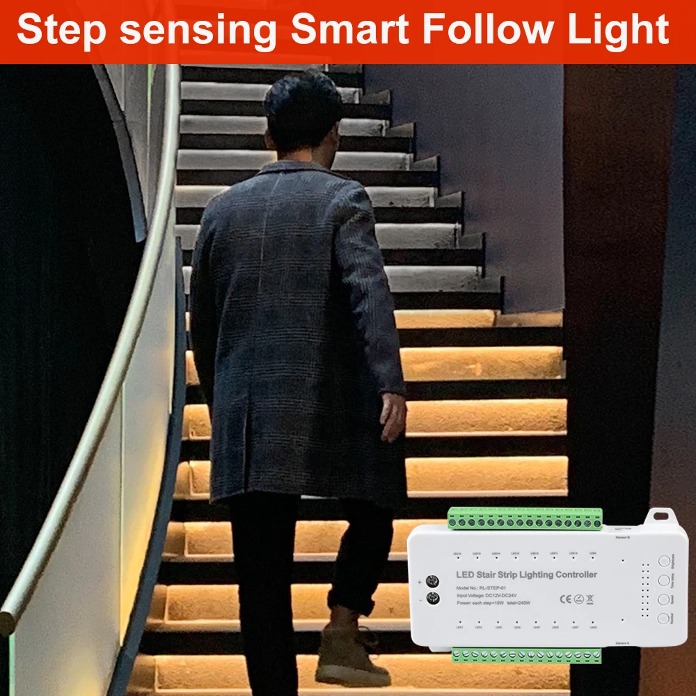 16-way dc12-24v stairs step led strip light controller motion sensor indoor staircase lighting system