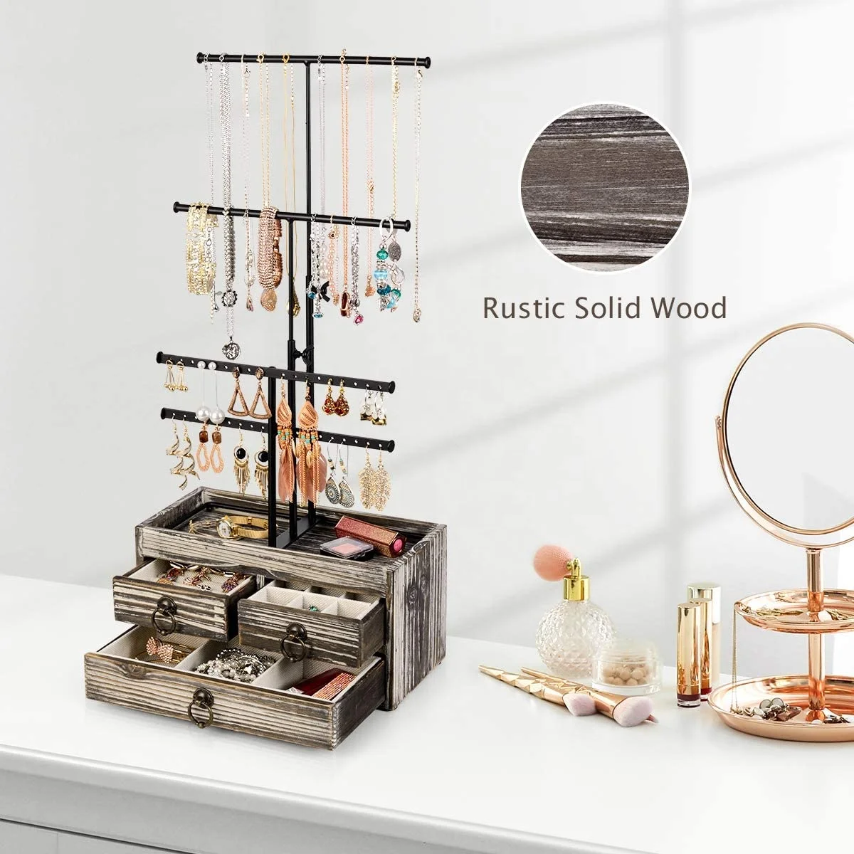 Rustic Wood Jewelry Stand Organizer 4 Tier Metal Jewelry Holder Display With Wood Basic Storage Box 3 Drawers and Adjustable