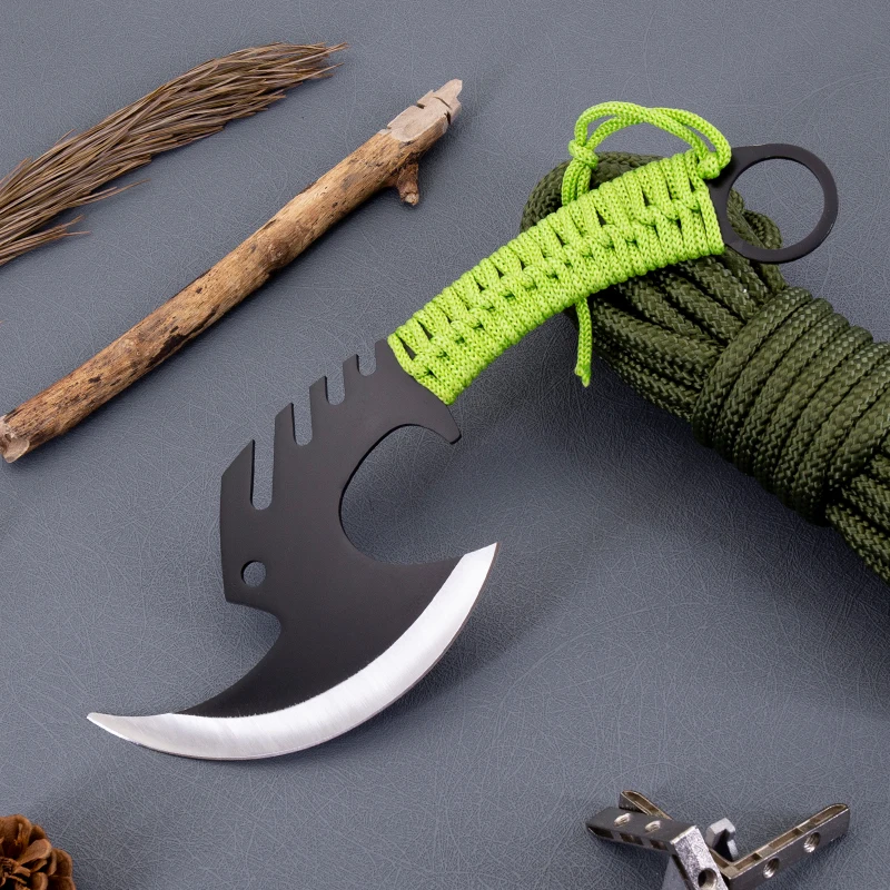 Survival Camping Hunting Knife Tomahawk Axe Battle Hatchet with Fire Starter Rope Wrapped Full Tang Handle