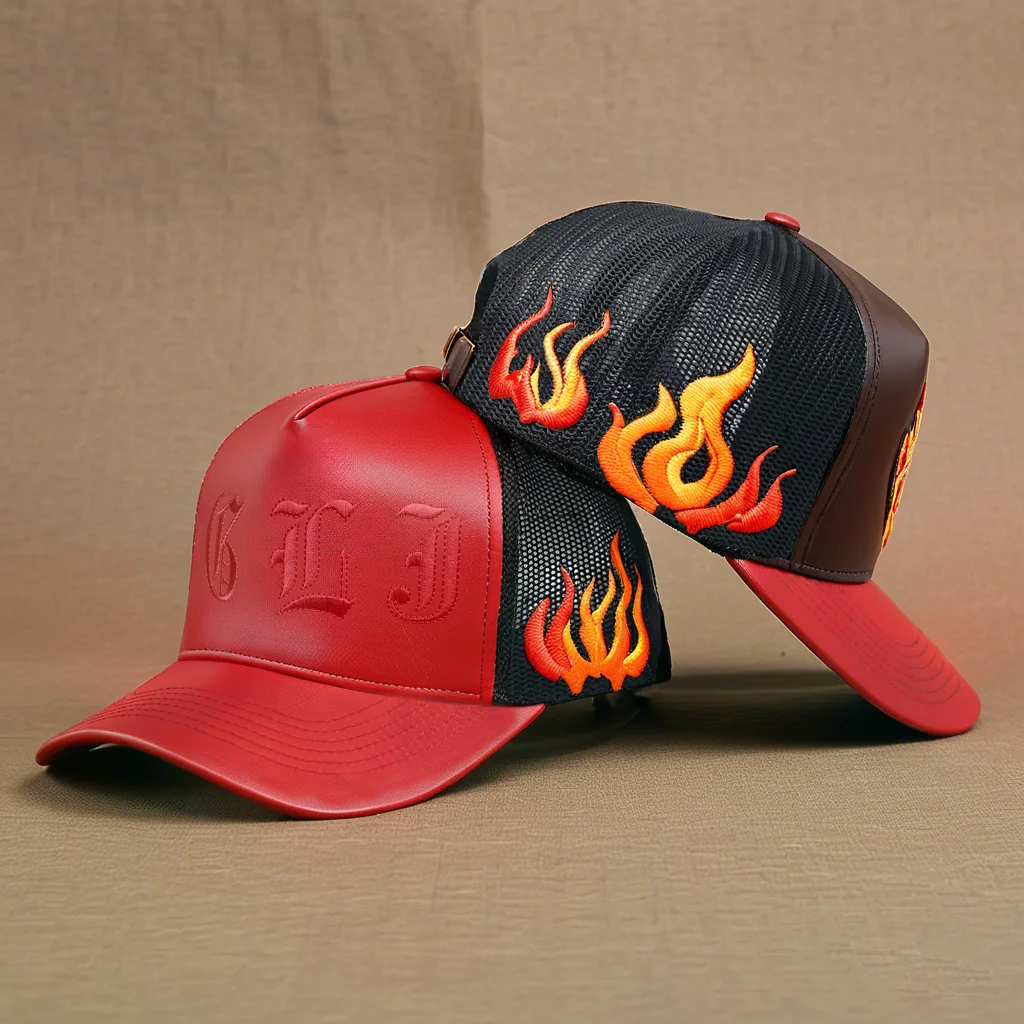 Custom Flame Embroidery letter 5 Panel PU Leather Sports Caps Adults Male Curved Brim Sports Mesh Trucker Hat