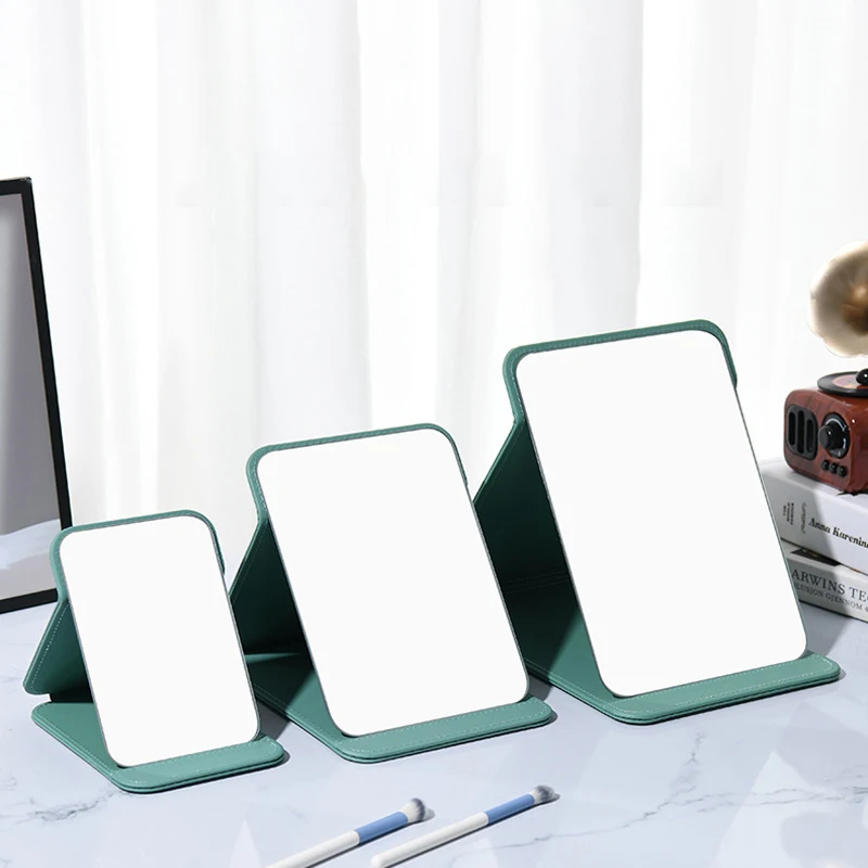 Portable Folding Large Makeup Mirror Pink PU Leather Vanity Mirror With Stand For Desk Table