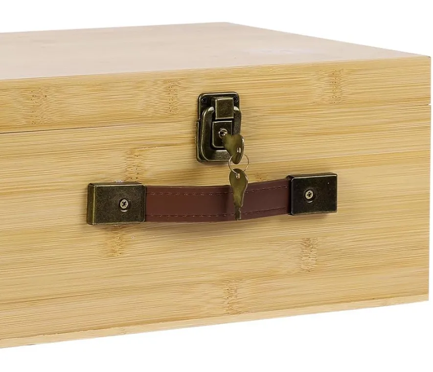 Large Portable Natural Wooden Storage Bins Basket Bamboo Wood Storage Box with Lock Keys Hinged Lid