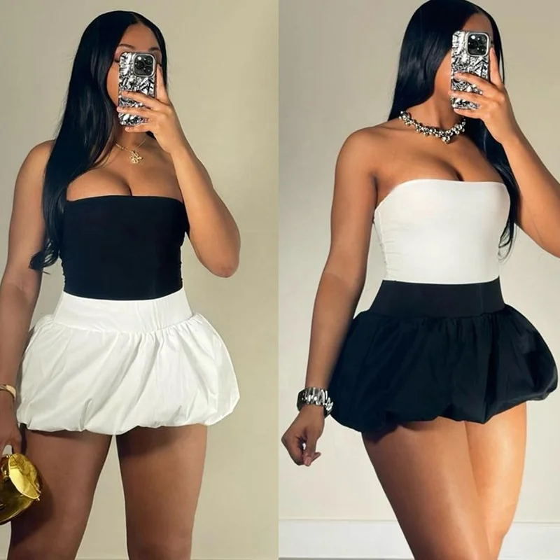 OUDINA New Solid Color Stretch Casual Bubble Skirts High-waisted Ultra-short Women Mini Skirt