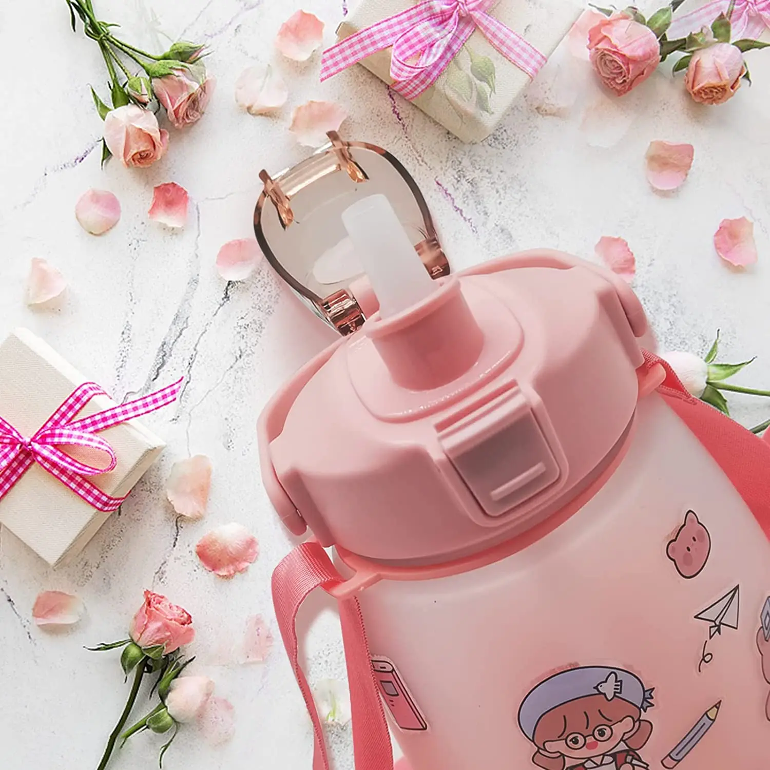1300ml portable and cute plastic large belly water bottle with straw,the handle can be used as a phone holder