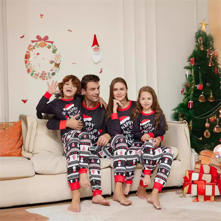 Christmas New Cartoon Hat Letter Round Neck Long sleeved Dog Parent Child Christmas Homewear family matching pajamas set