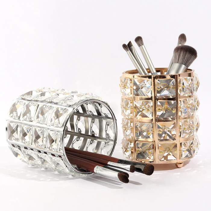 Makeup Brush Holder Crystal Makeup Brush Organizer Storage Bucket Eyebrow Pencil Pen Cup Tools Container, Silver polygon