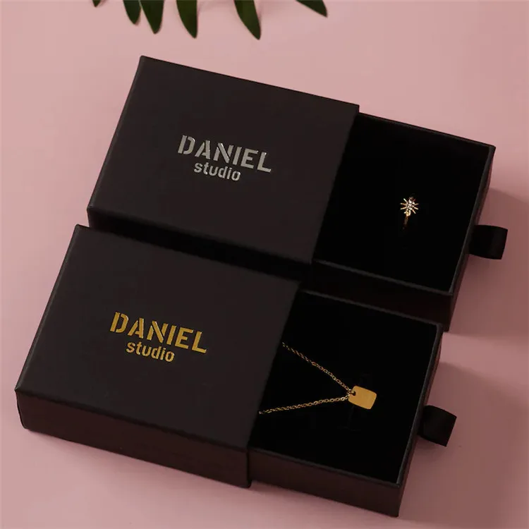 High quality black cardboard gift box gold silver stamping logo luxury jewelry paper drawer box