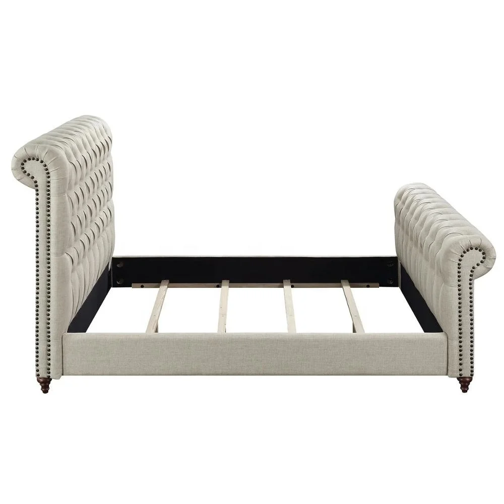 Antique Furniture Fabric Upholstered King Size Beds With Nailhead Trim