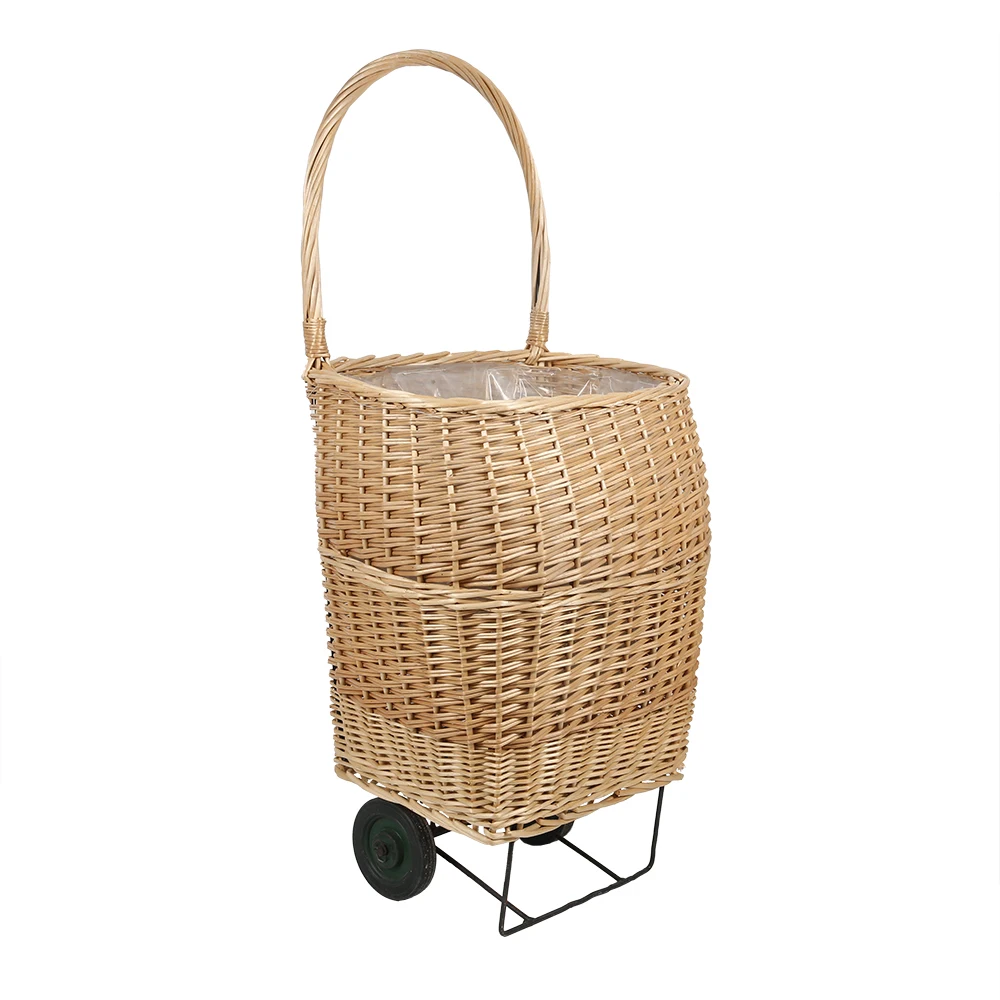 Natural Custom woven basket with wheel standing with iron foot hamper wicker shopping baskets with wheels with plastic liner