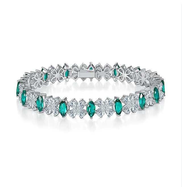 Wholesale White Gold Plated Marquise Cut Nano Green Classic Women Chain 925 Silver Custom Bracelet