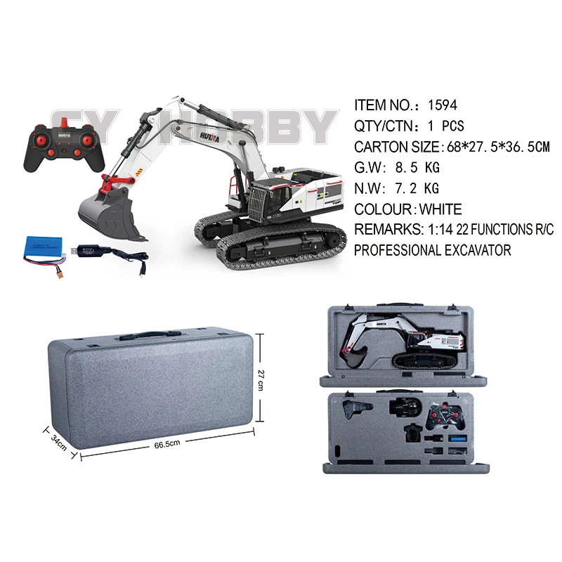 HUINA 1594 2.4G 1:14 22CH RC metal remote control excavator Die-cast Truck Toy with sound and light