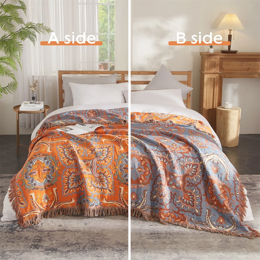 soft vintage floral boho blanket king queen size picnic bohemian throw blankets wholesale  100% cotton muslin bed blanket