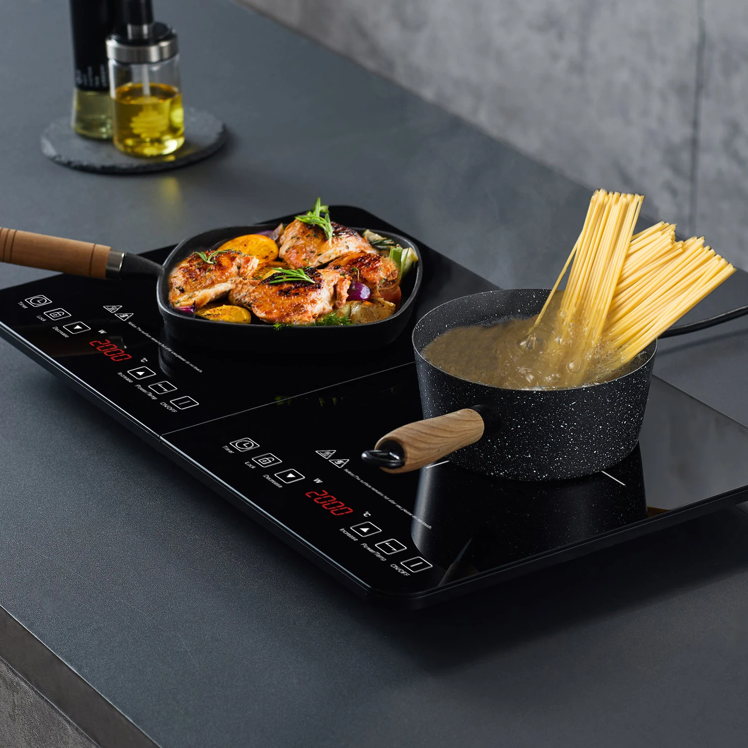 Thin Body Induction Stove top Electric Heater Countertop 3400W Portable Dual Plate Induction Cooker With Plug