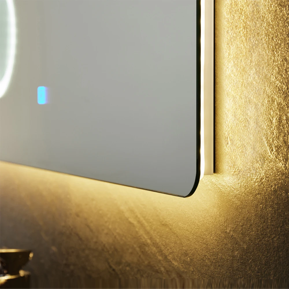 Modern Big LED Mirror With Makeup Magnifier Yellow And White Color Bathroom Anti Fog Film Mirror