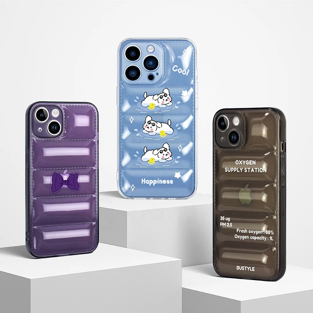 For iPhone 13 Smart Phone Case with Lanyard Soft TPU Resin Mobile Phone Cover for iPhone 14 15 Pro Max Clear Puffer Phone Case