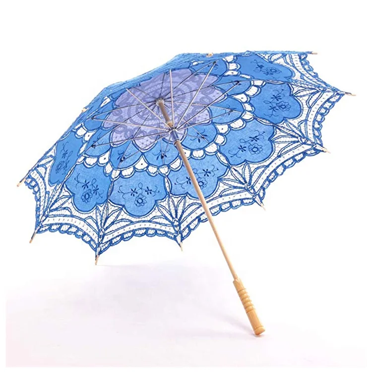 Bride Cotton Fashion Bamboo Handle Decoration Blue Lace Umbrella Parasol