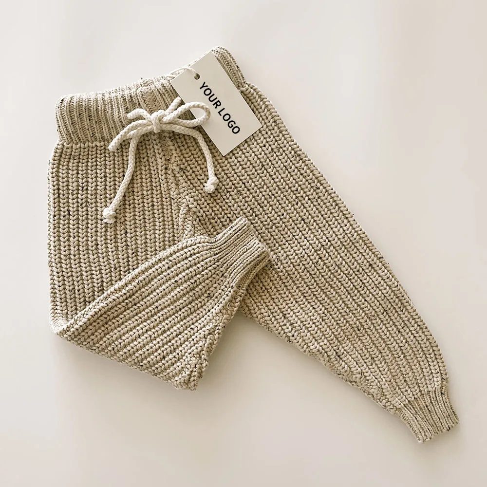 Детские хлопковые комплекты свитера с логотипом на заказ, зимние комплекты одежды для новорожденных, ребристые толстые трикотажные брюки с длинным рукавом, детский вязаный комплект