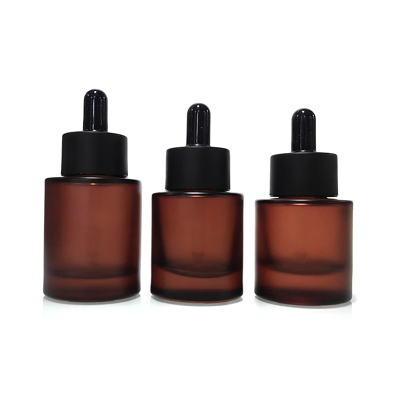 Hot Selling 30ml 50ml thick bottom frosted glass dropper bottle amber flat shoulder essential oil Cosmetics Packaging