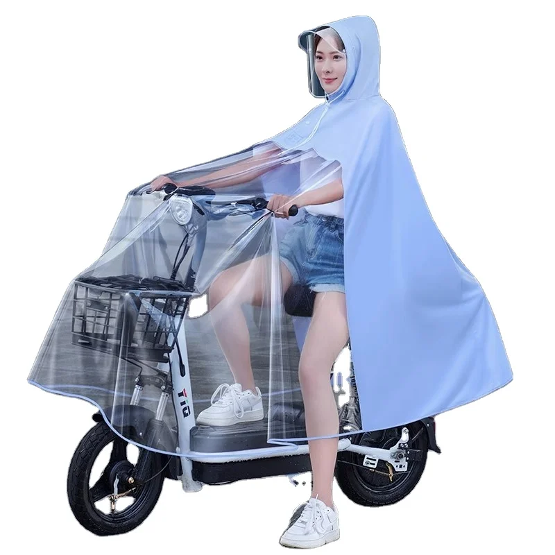 Mother and son two person electric bike raincoat, motorcycle electric scooter rain cape, rider in summer, transparent double