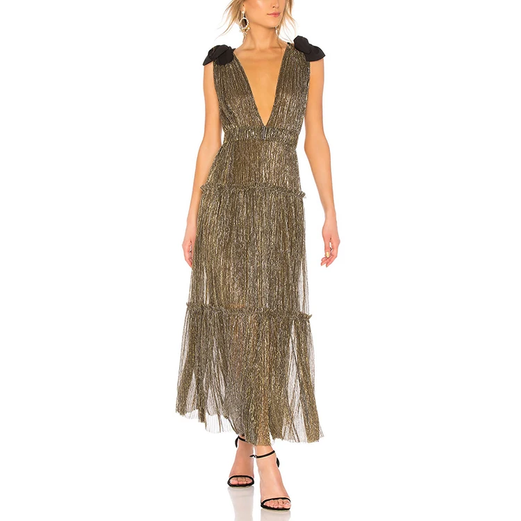 Manufacture Wholesale Custom Best Price Bow Tie Shoulder lurex fabric Threading Dresses Women Ladies