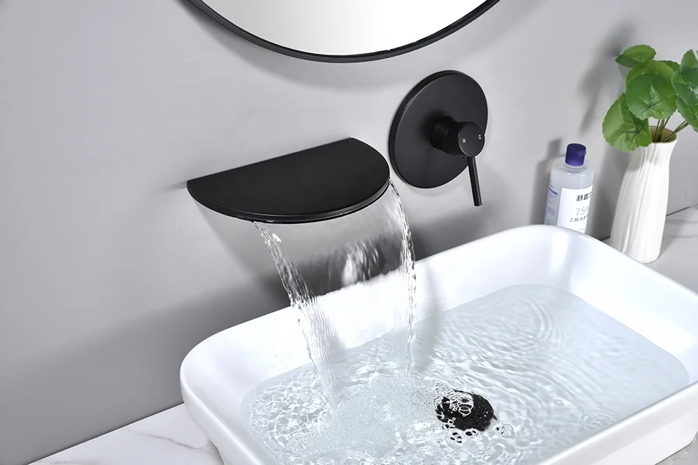 Into the wall concealed round  black  bath mixer waterfall sink kitchen faucet basin taps all copper main smart bathroom faucet