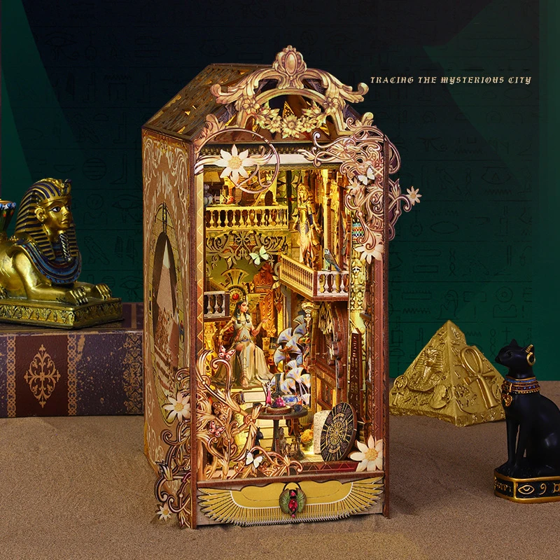 New High Quality 3d Wooden Puzzle Bookend Ancient Egyptian City Miniature House Book Nook Diy Bookstore Shelf Insert