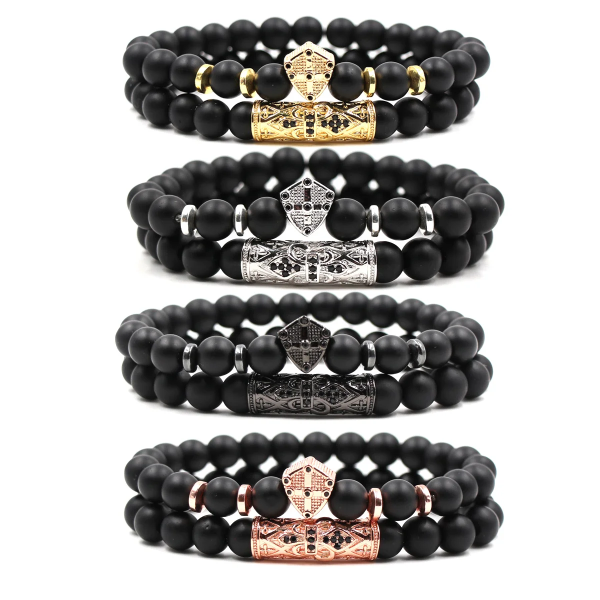 Classic 2pc/set Stretch Black Natural Stone Beaded Bracelet Mens Pave Zircon Cz Ball Skull Lion Charms Bracelets Jewelry Set