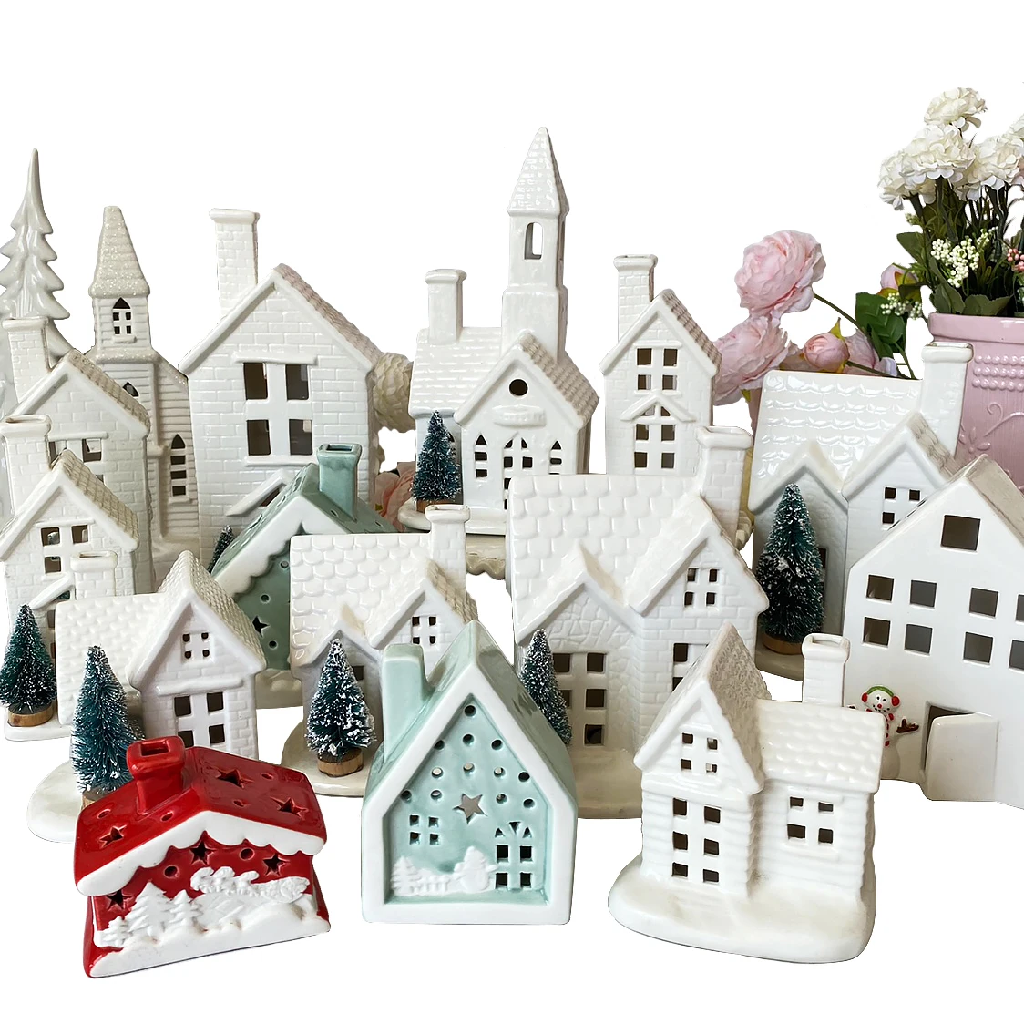 6 inch Christmas White Ceramic Town House Lantern Tea Lights Candle Holder