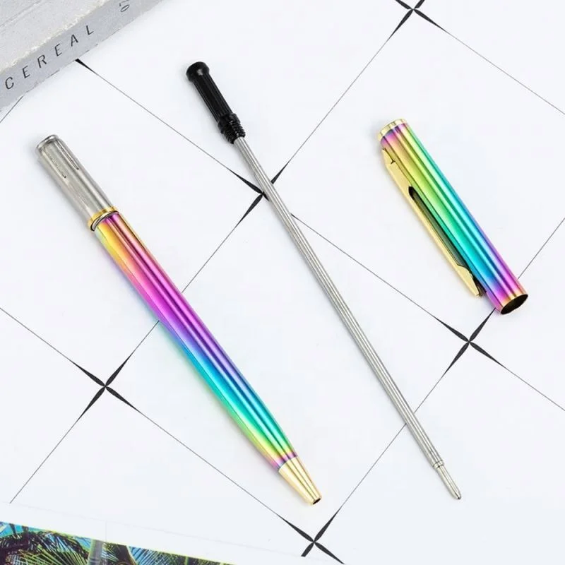 Hotel Slim Promotional Gifts Good Looking Bright Rainbow Metal Pen Iridescent Holographic Stationery Ballpoint Pen