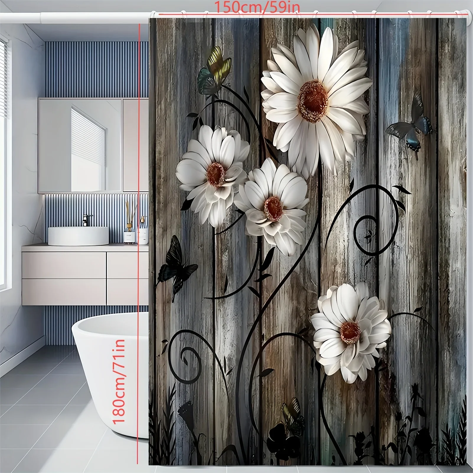 Grey Floral Shower Curtain With Butterfly Daisy Design, Bathroom Decor,shower Curtains Set