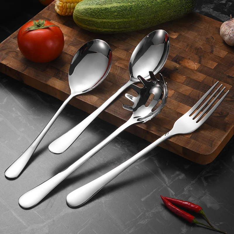 Hotel Long handle Stainless Steel Buffet Spoon Fork Cutlery Rice Salad Big Serving Spoon And Fork Cutlery for Restaurant