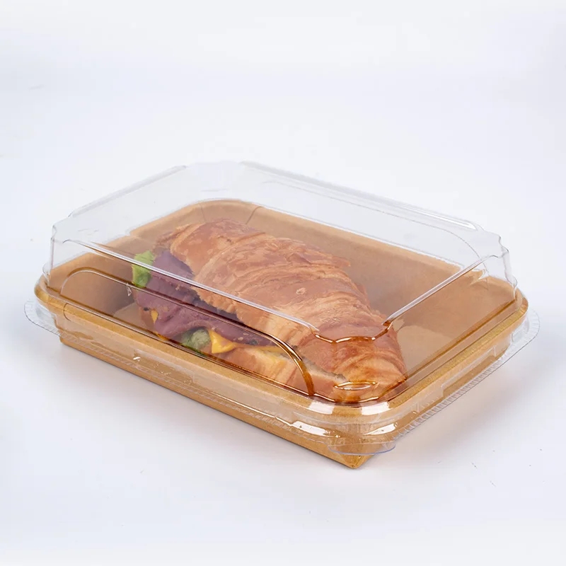 Disposable kraft paper boat sushi tray paper with cover  paper sushi tray with plastic lid display trays for food packaging