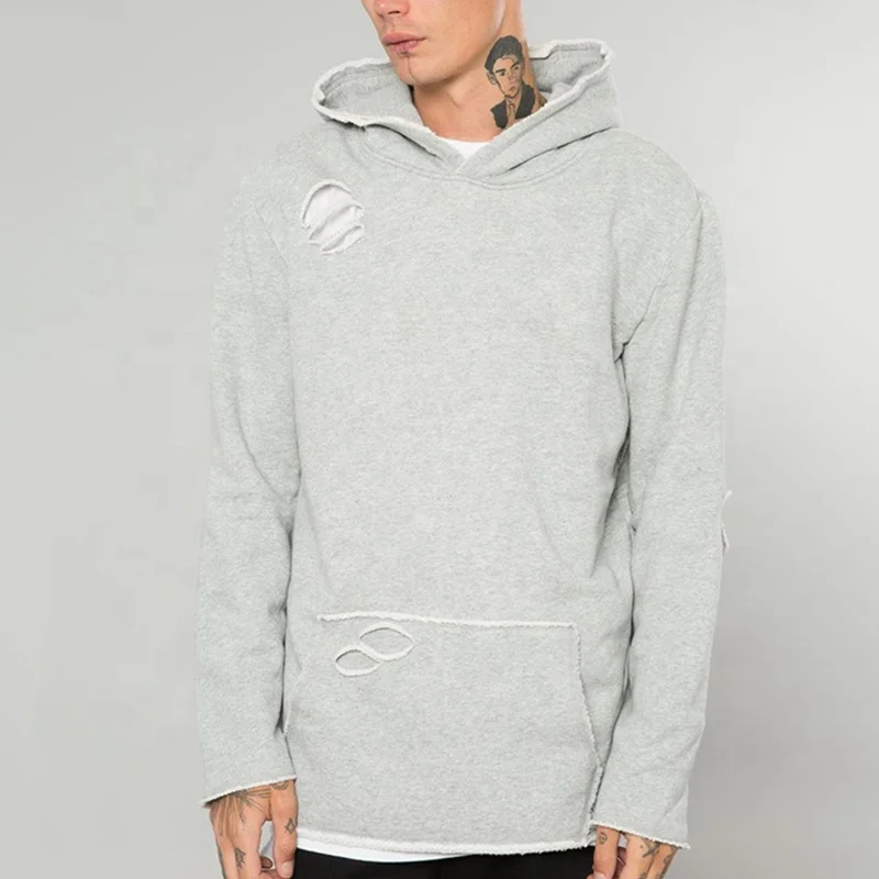 Custom High Quality Men Kangaroo Pocket 100 Cotton Plain Grey Distressed Hoodie