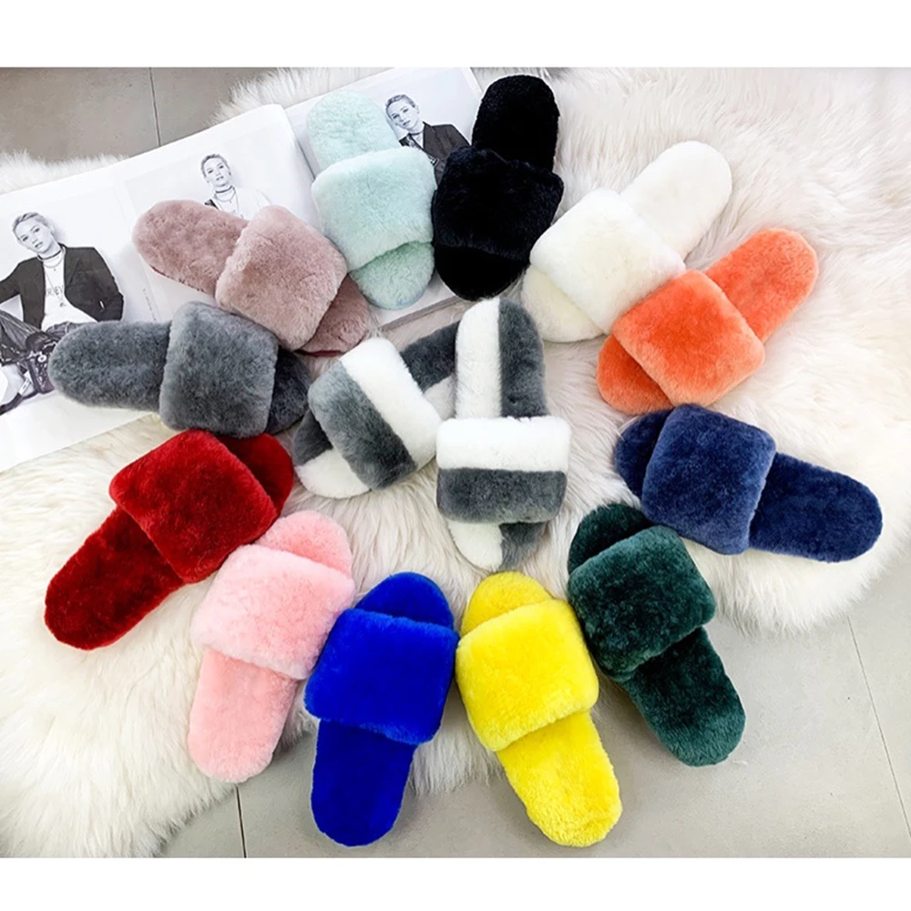 
OEM 2021 Genuine Australia Sheepskin Slipper Warm Home Shoes Hot Sell Ladies Slippers Colorful Leather Slipper Sandals 